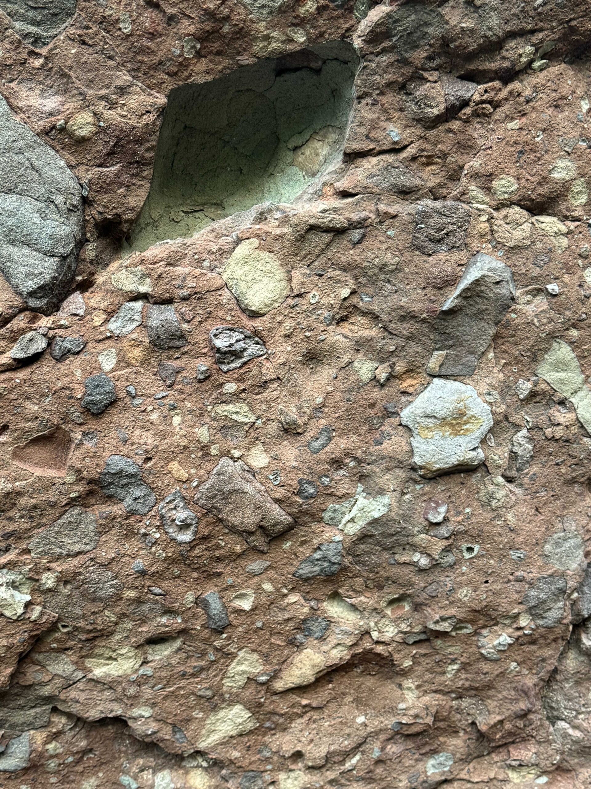 The layered face of a conglomerate rock, holding centuries of compression within its surface, near the Loreto shoreline