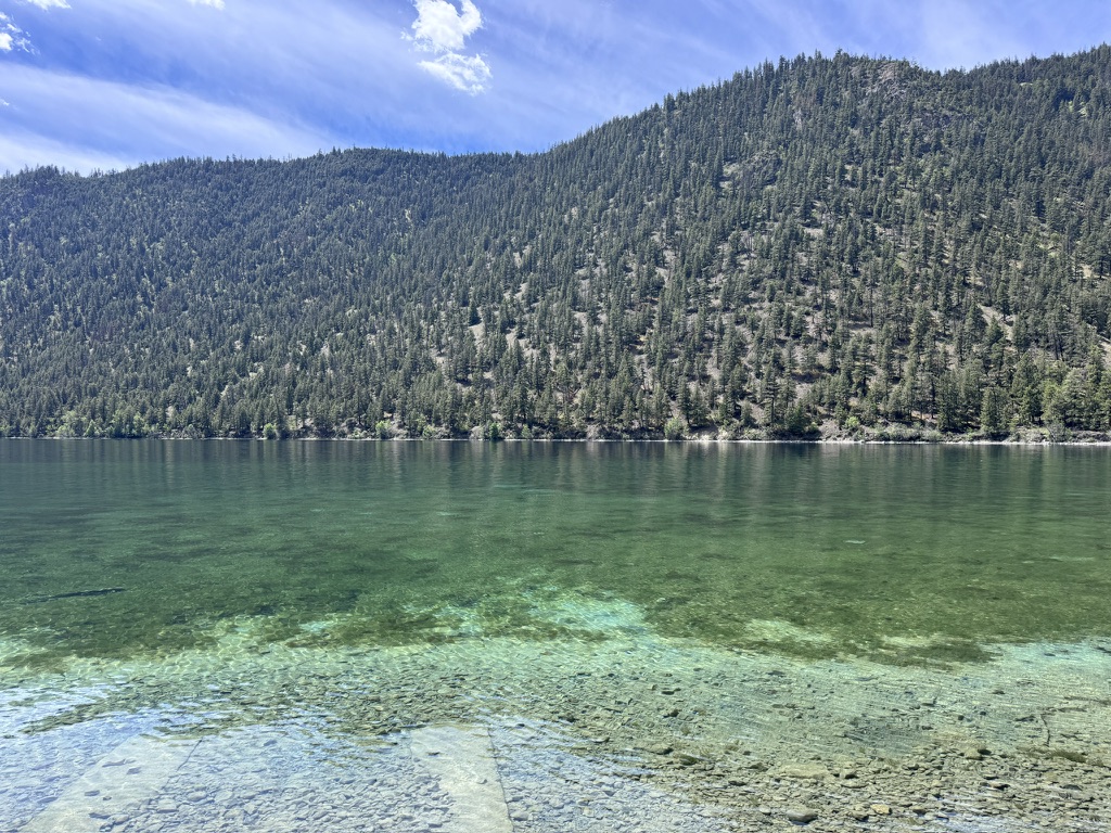 Clear Water - Transparent emerald alpine lake with pine-covered mountains