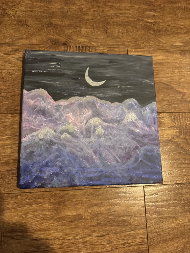 A memory painting of the Sierra de la Giganta mountains at night, rendered in deep lavender and violet with a white crescent moon against a dark charcoal sky.