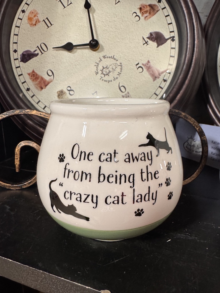 A round ceramic mug reading 'One cat away from being the crazy cat lady' in front of a cat-themed clock, photographed in a shop.