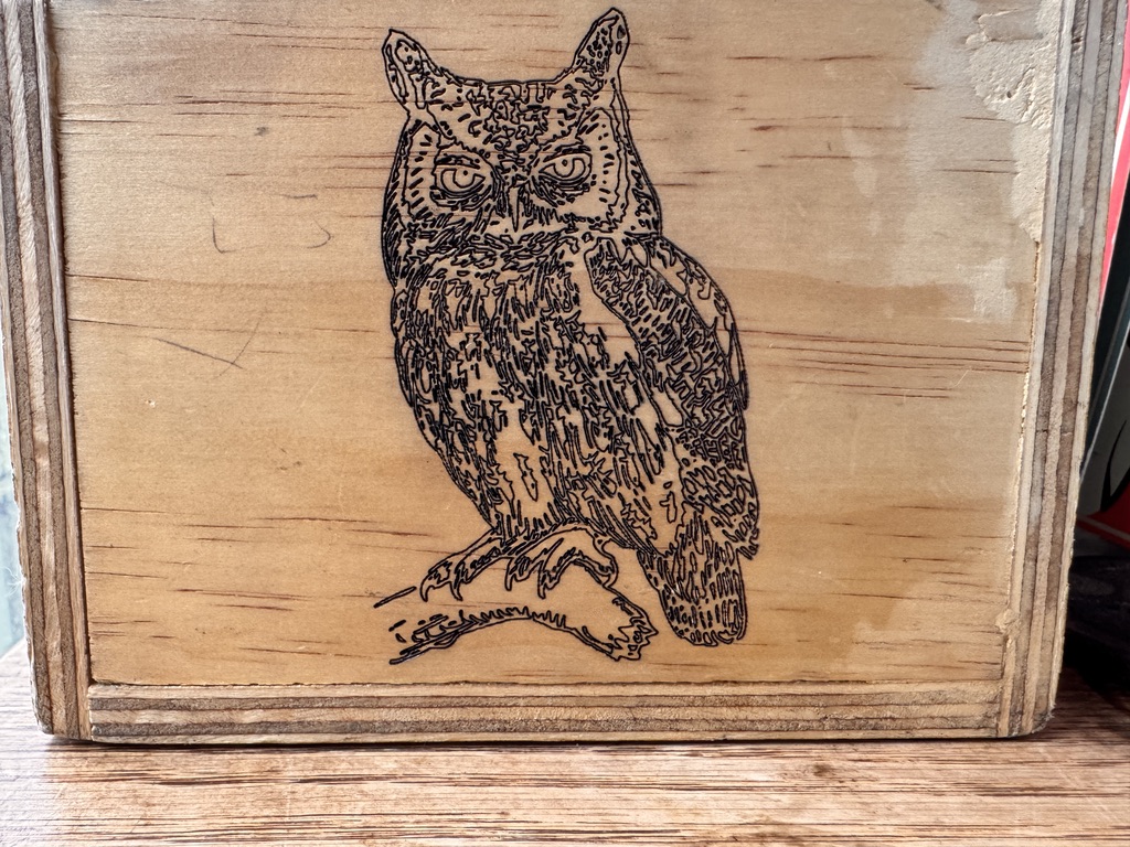 Owl carved into a wooden box
