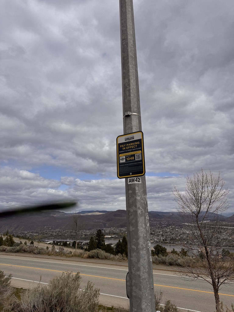 Pay parking sign on a pole with a mountain town view below