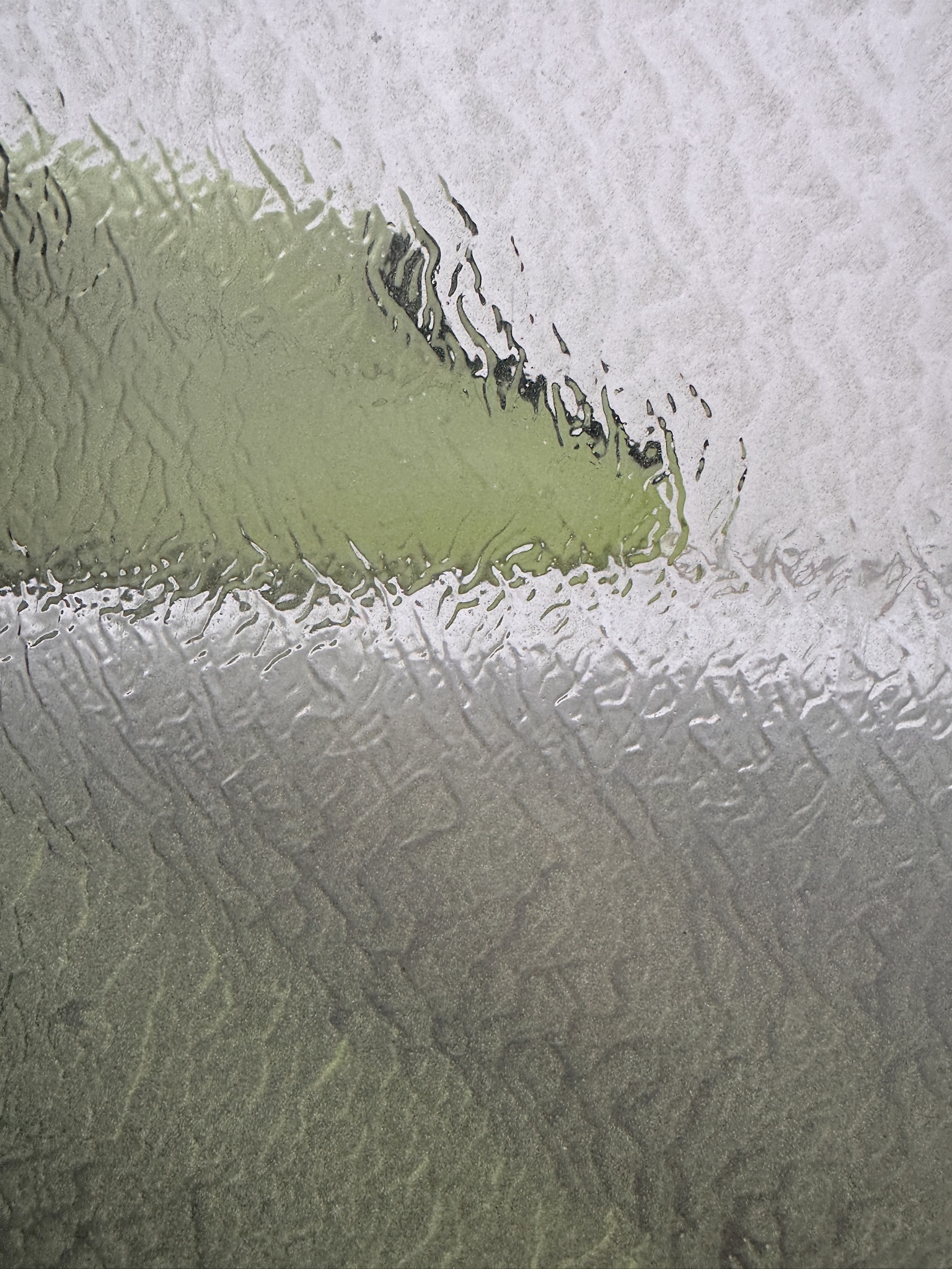 Abstract image of shallow sea water washing over pale sand, creating layered textures of green, white, and grey.